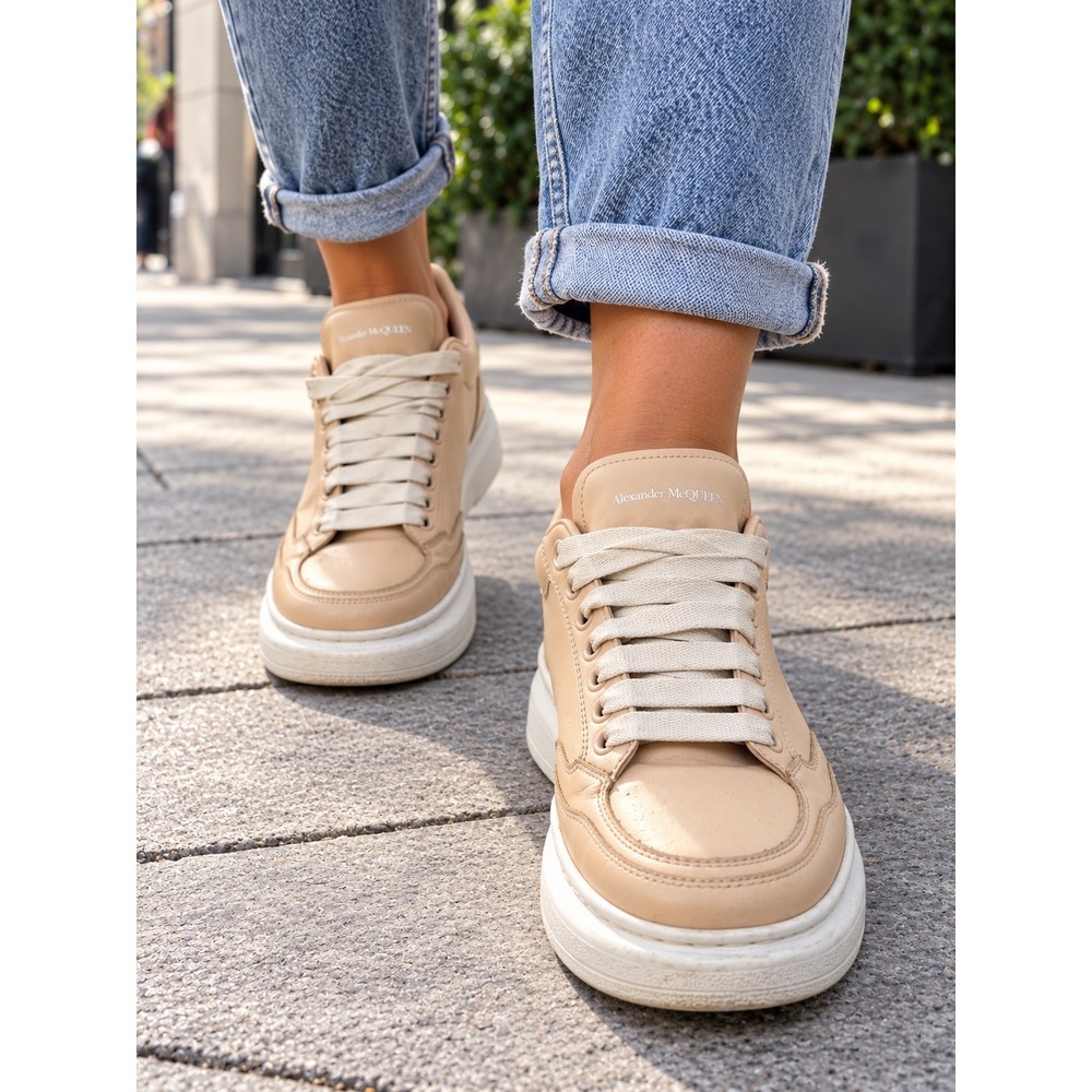 Alexander McQueen Oversized Sneakers Beige Leather Platform 758982 Womens 36